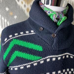 Polo Ralph Lauren Merino Wool Black & Green Multi Geometric Shawl Collar Sweater